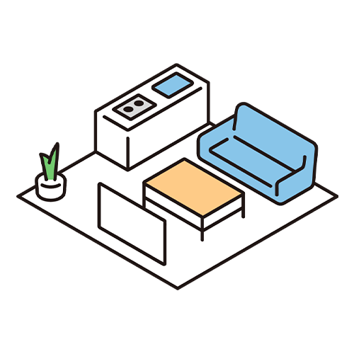 ソファ、テーブル、観葉植物のある部屋のイラスト